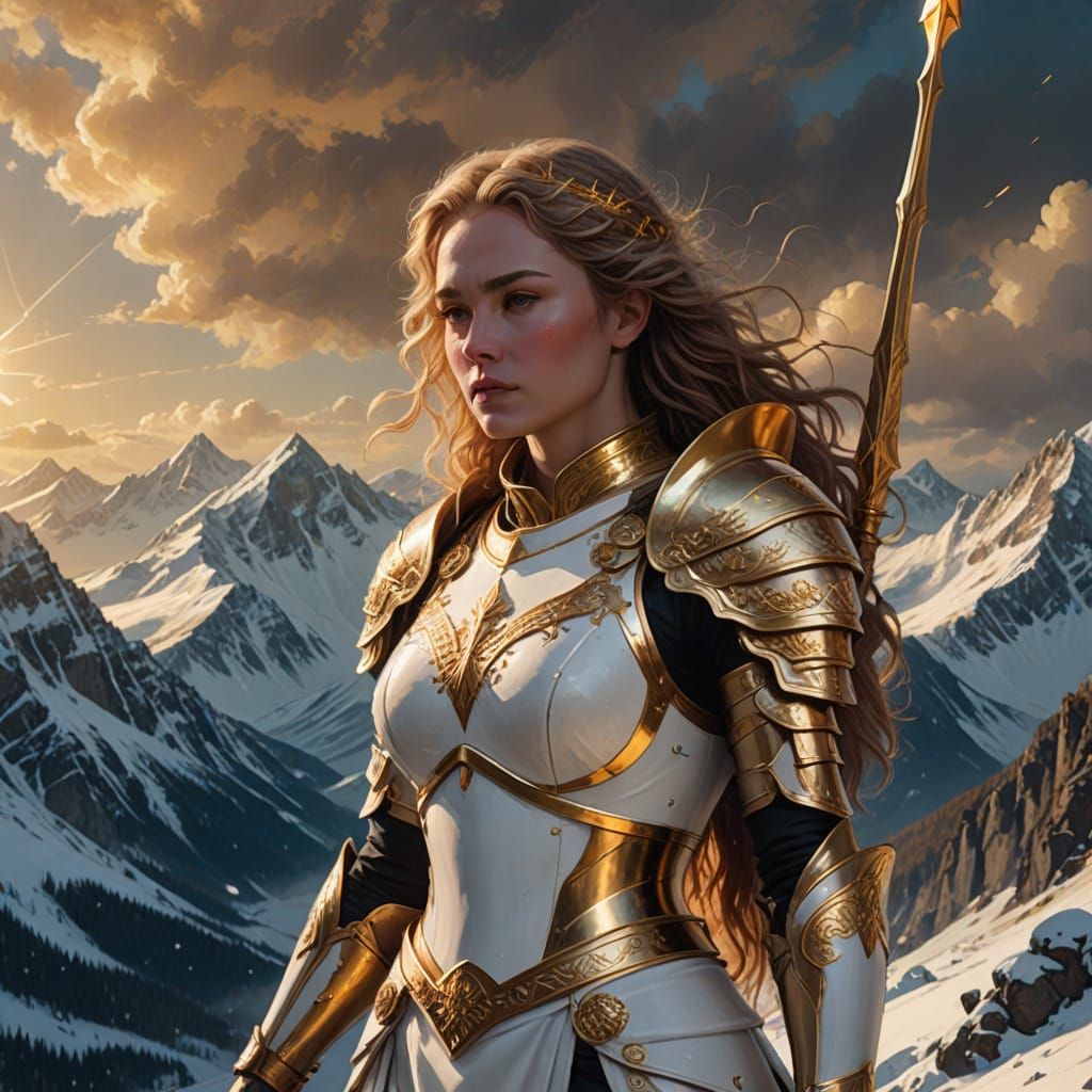 Fantasy Knight Lady on Snowy Mountaintop with Golden Spear