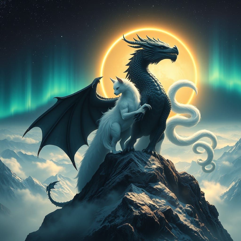 Majestic Black Dragon Guards His Radiant White Kitsune