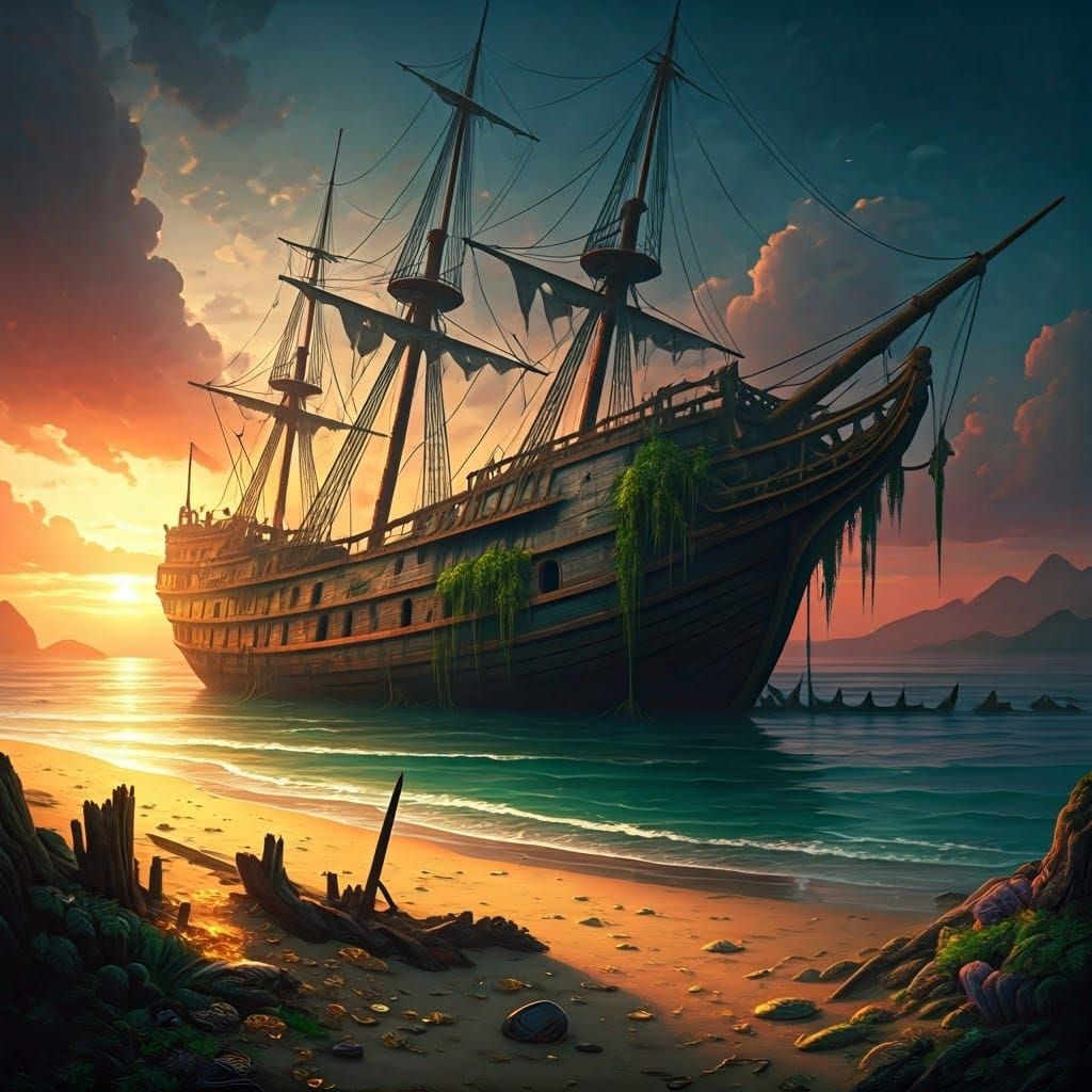 Ancient Spanish Galleon, Weathered Treasure on Tropical Isla...