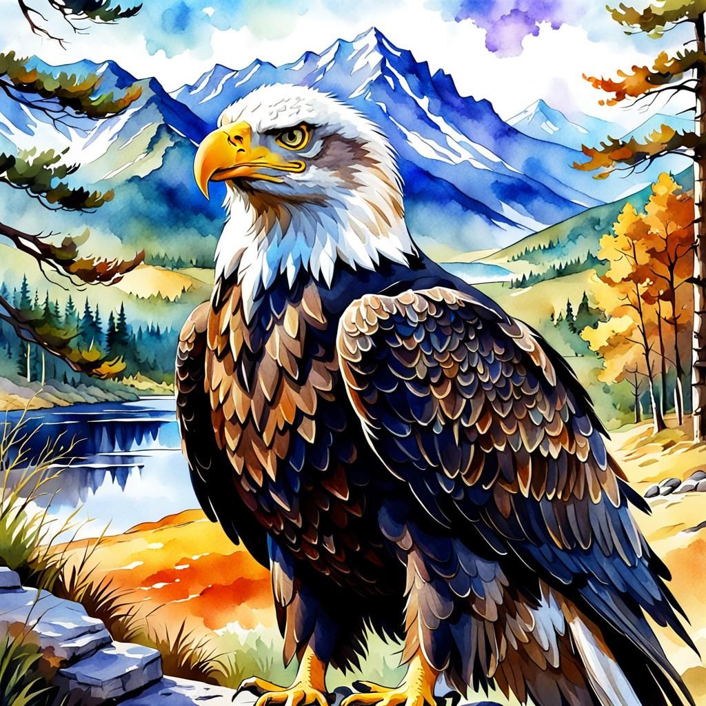 Eagle Portrait in Digital Watercolor Landscape