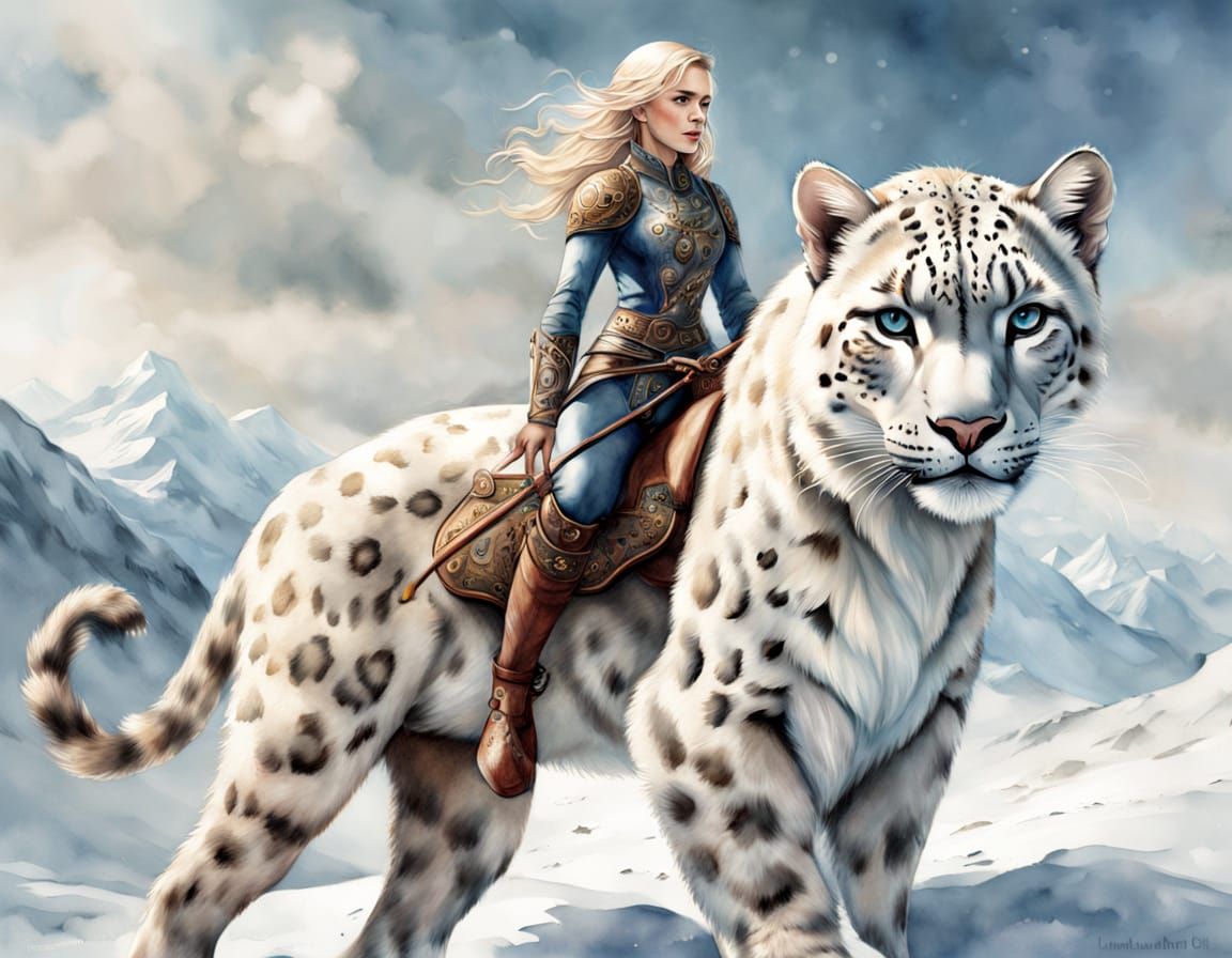 Snow Leopard Carries Elf Through Winter Landscape Watercolor