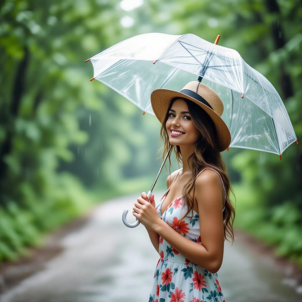 Girl in Summer Rain in Forest