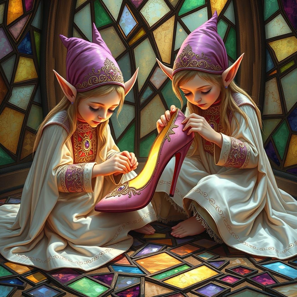 Elves Mending Enchanted Pink Shoe in Stained Glass Candeligh...