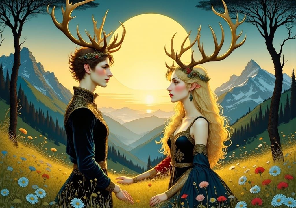 Antlered Women in Alpine Meadow, Comic Style