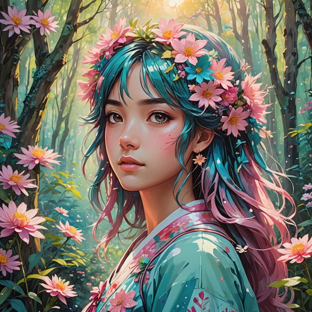 Anime Manga Portrait of Girl in Mystical Forest
