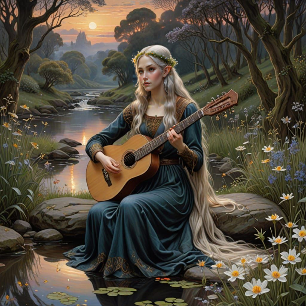 Elegant Elf Maiden Playing Lute at Twilight
