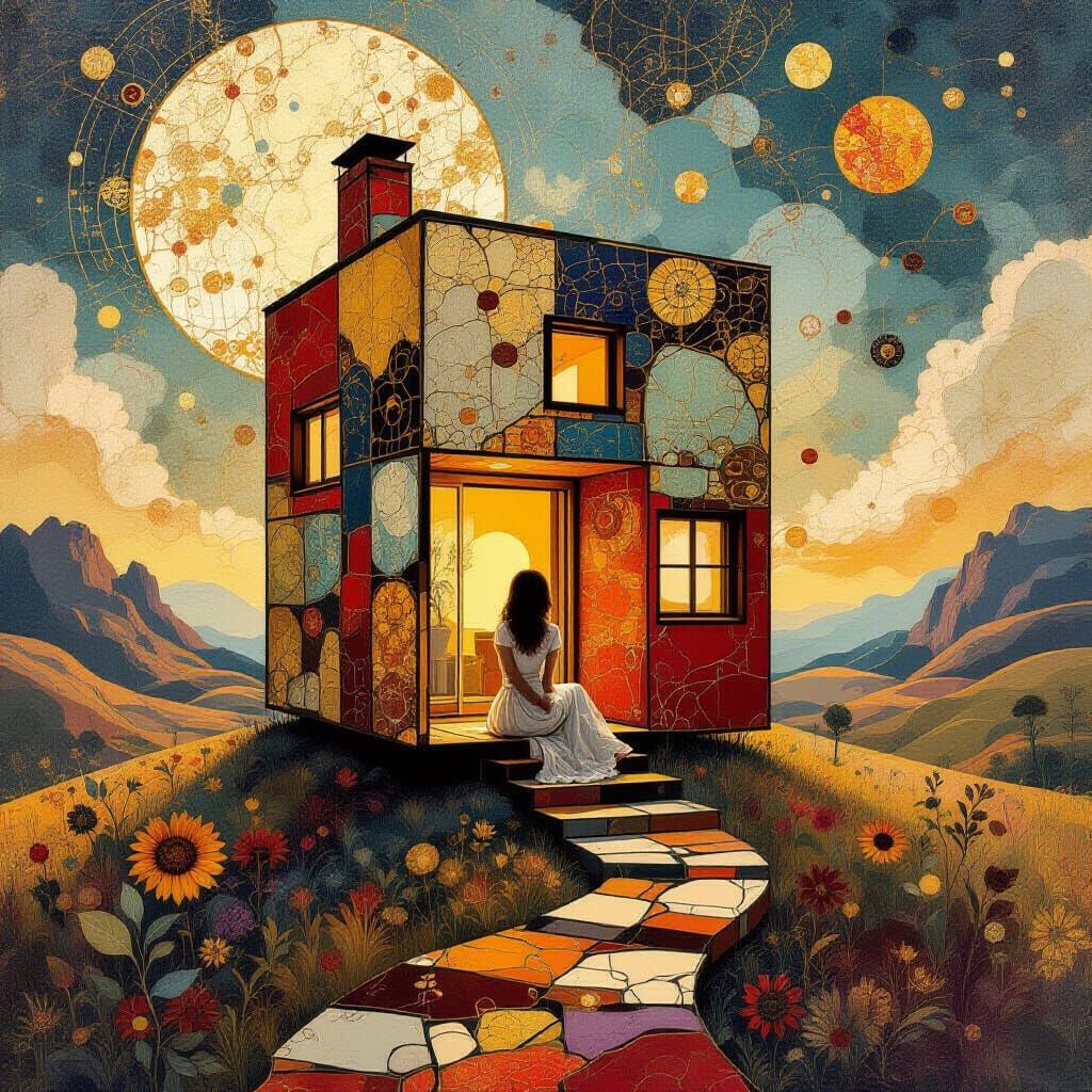 Abstract Kintsugi House in Surreal Landscape