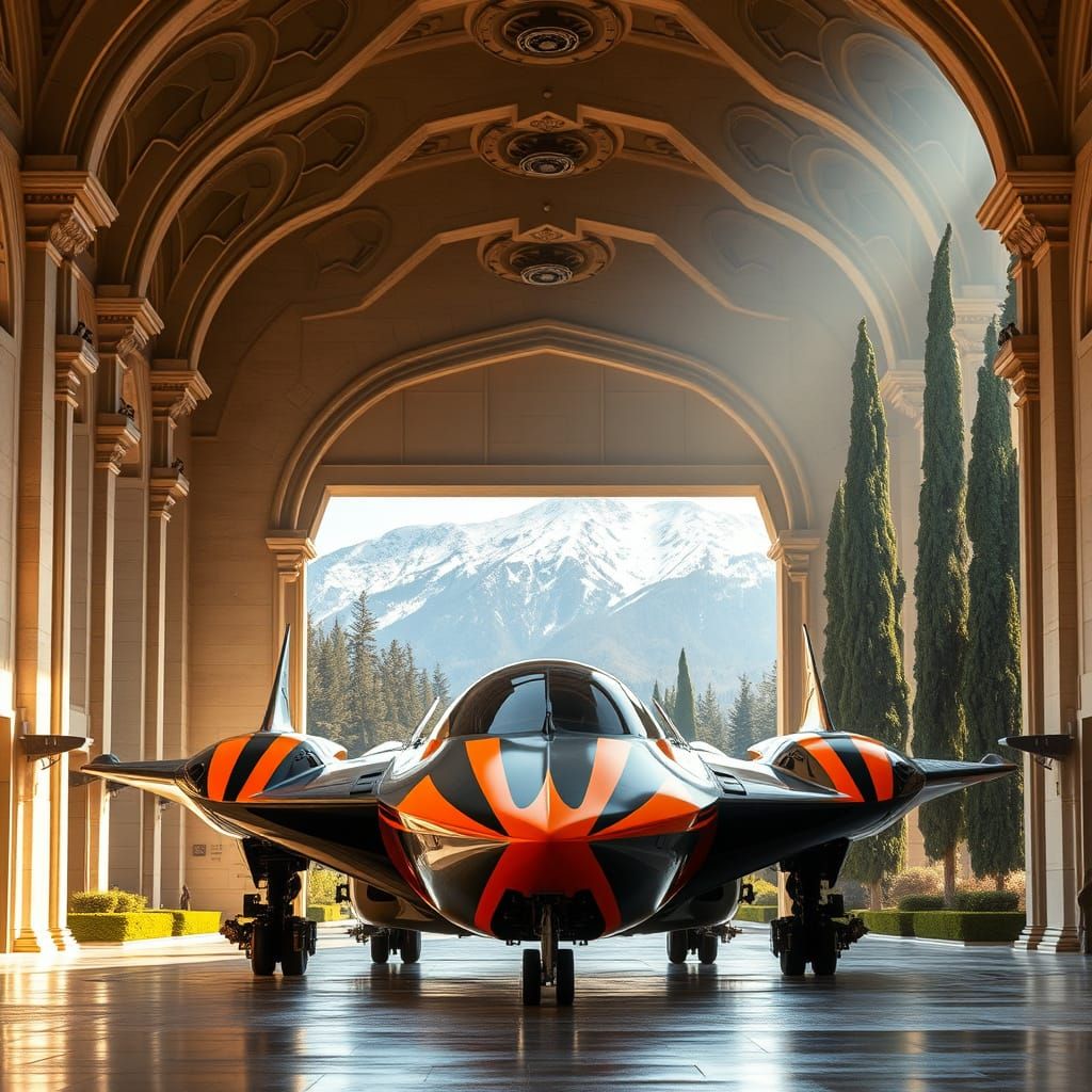 Futuristic Spacecraft in Ornate Hangar