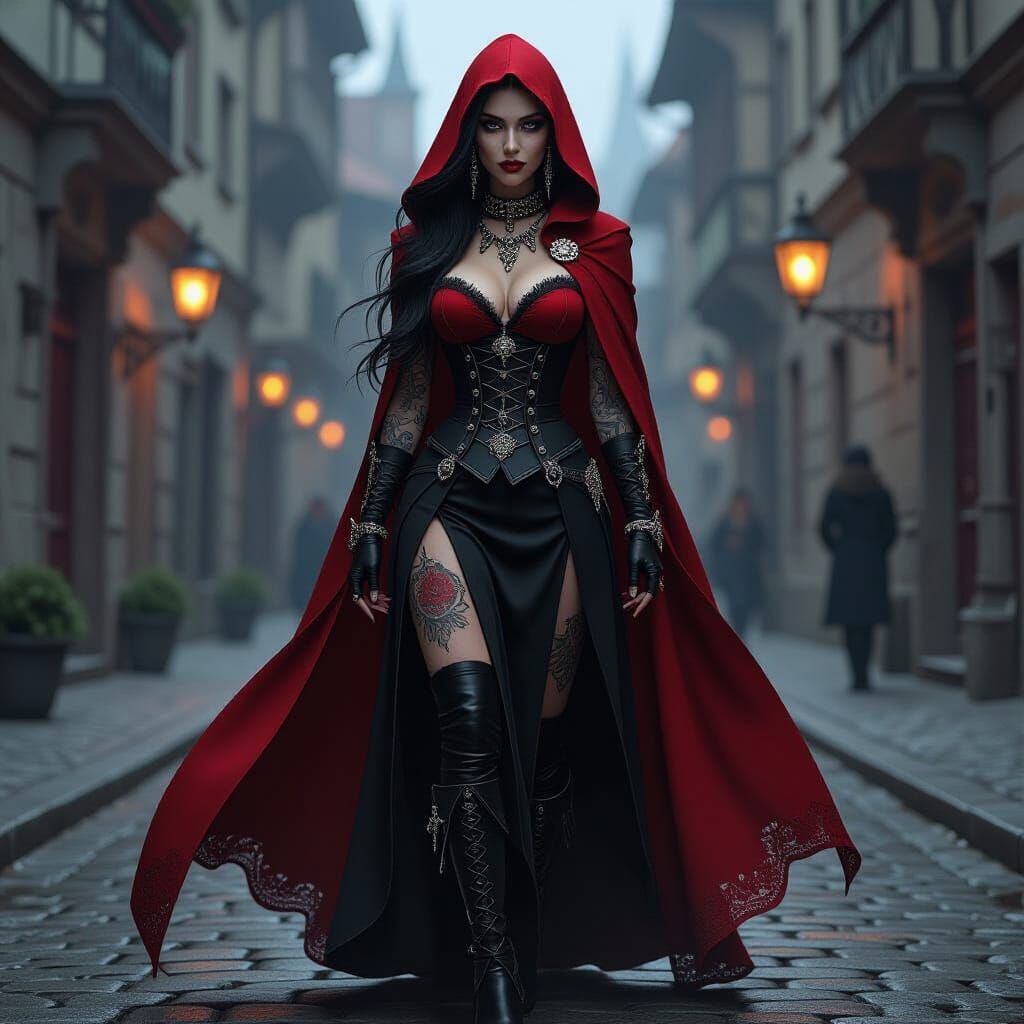 Gothic Vampire Red Riding Hood in European City