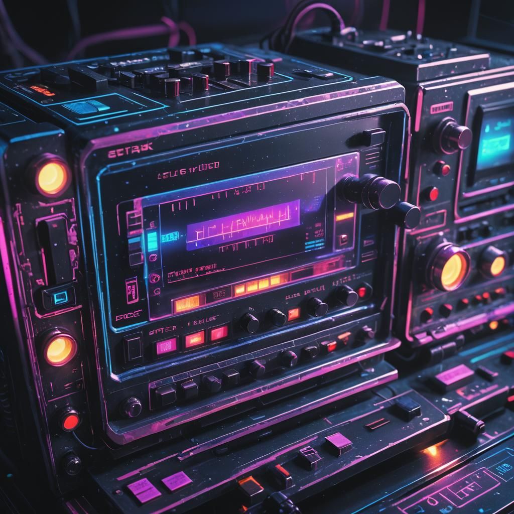 Cyberpunk 8-Track Player with Glowing Circuits