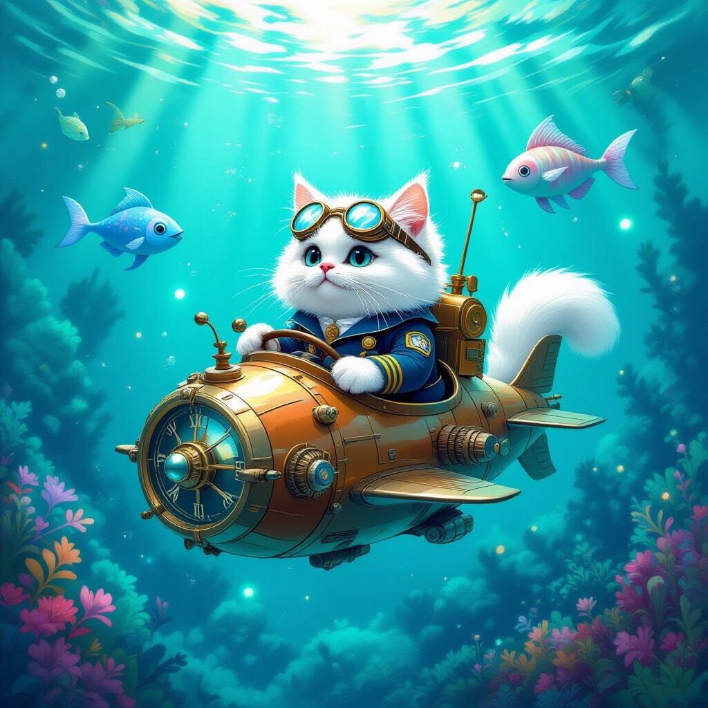 Cat Pilot in Bioluminescent Underwater Forest