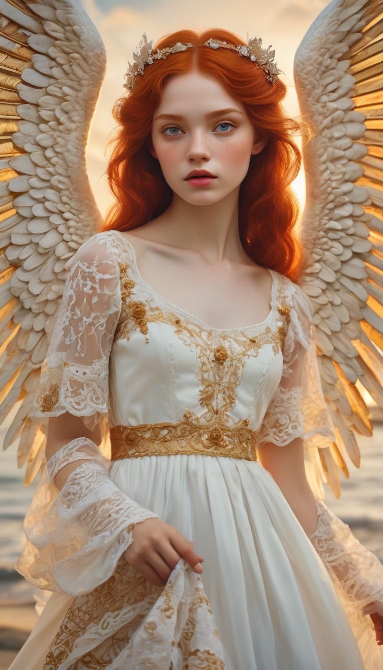 Red-Haired Angel in Victorian Dress, Oil Painting