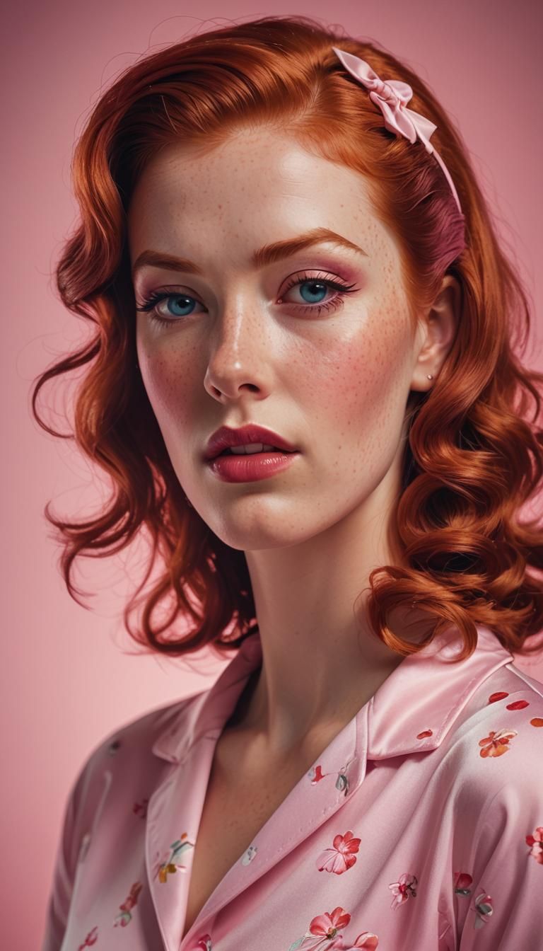 Redhead Model in Pink Sleepwear, Pinup Style