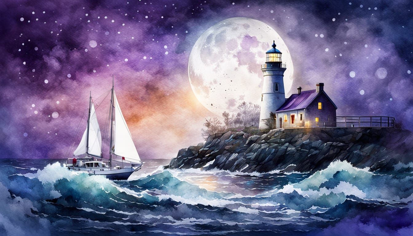 Moonlit Lighthouse and Sailship in Watercolor Style