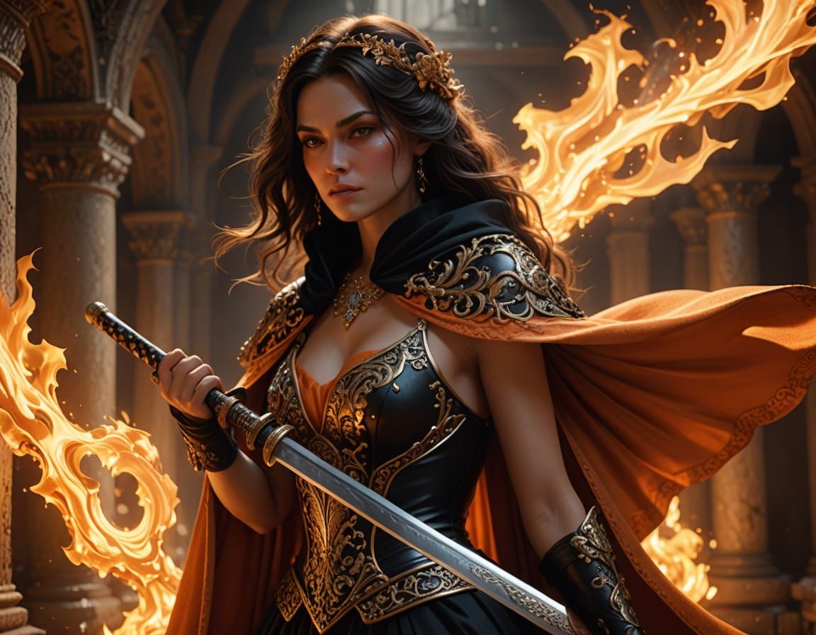 Mystical Woman with Katana in Fiery Castle Ruins
