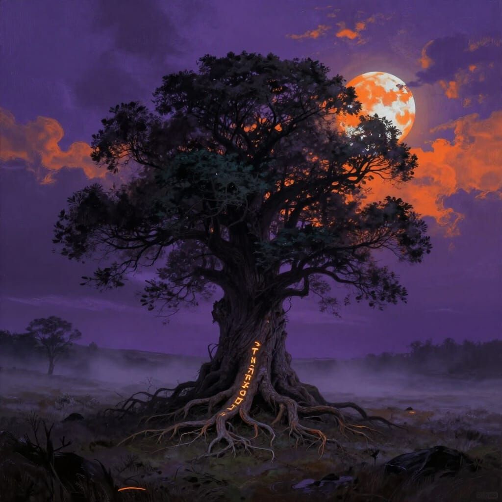 Ancient Tree With Glowing Runes On Misty Moor