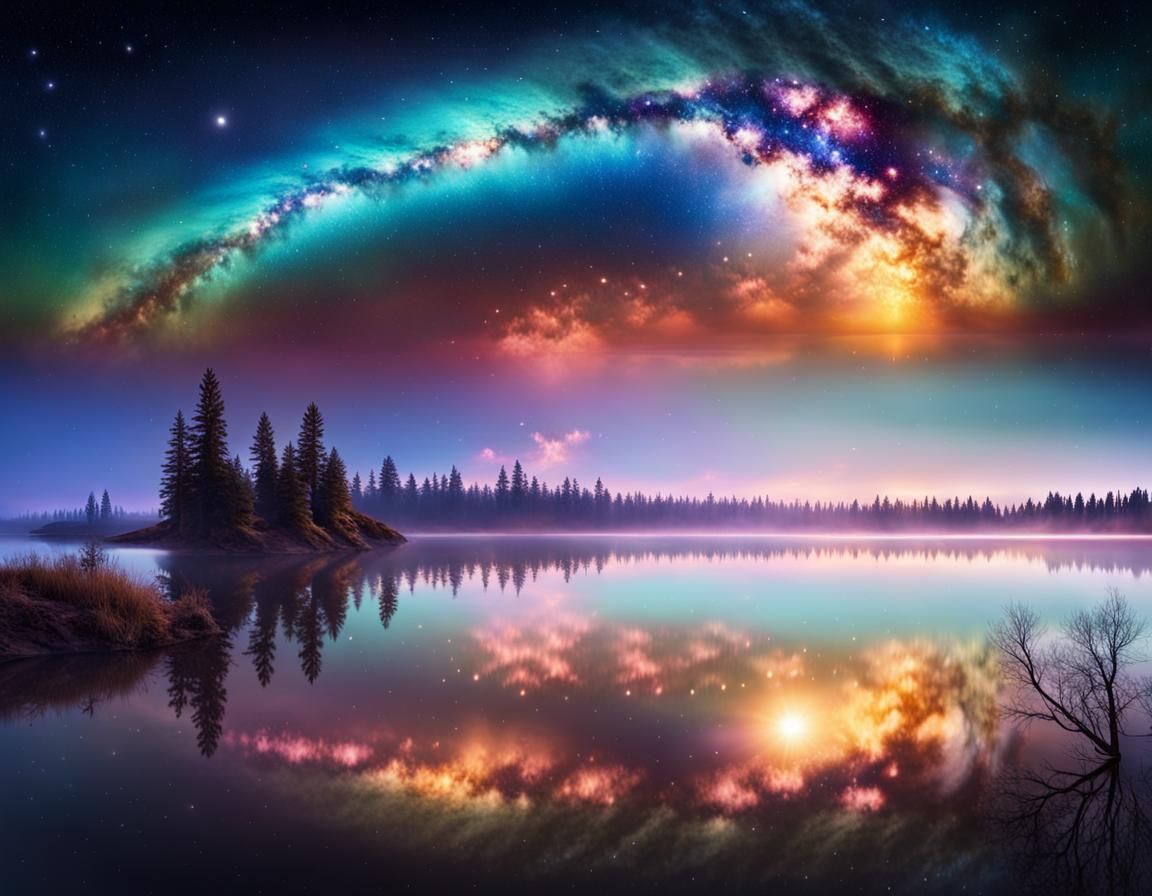 Milky Way Reflection on Still Lake: Night Scene