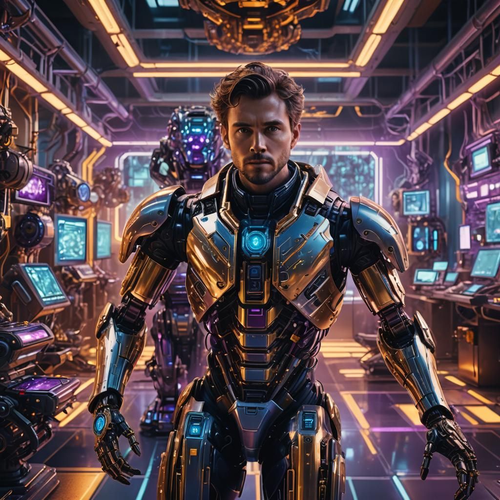 Futuristic Lab: Scientist Surrounded by AI Robotics