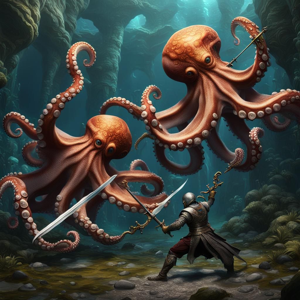 Octopus Sword Duel: Fantastical Digital Painting