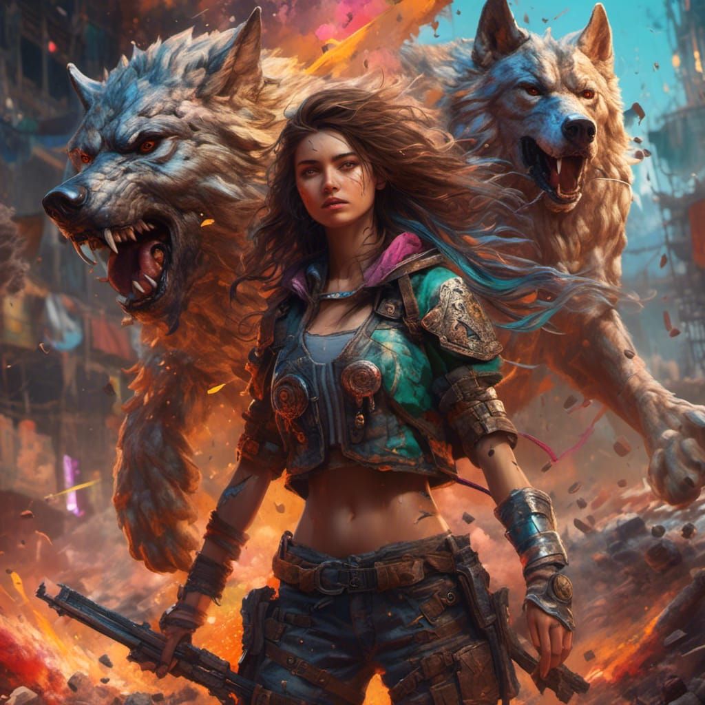 Hyperrealistic Combat Woman with Wolf on Leash