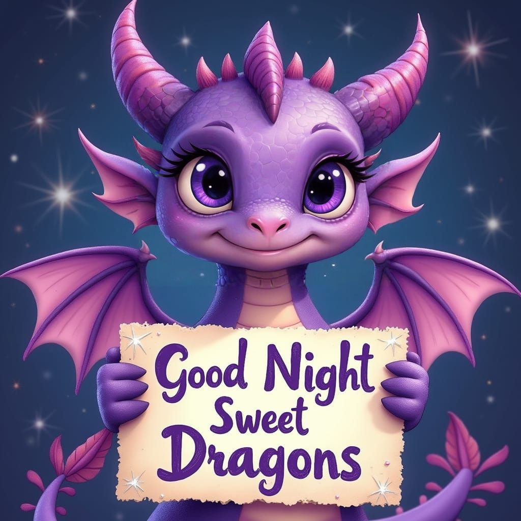 Friendly Purple Dragon with a Good Night Sign
