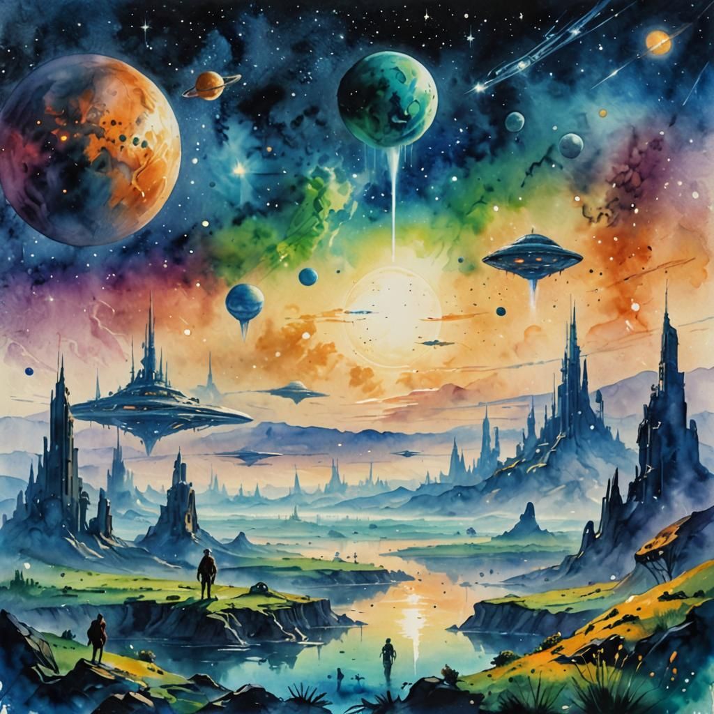 Alien World: Watercolor Cityscape with Dreamer