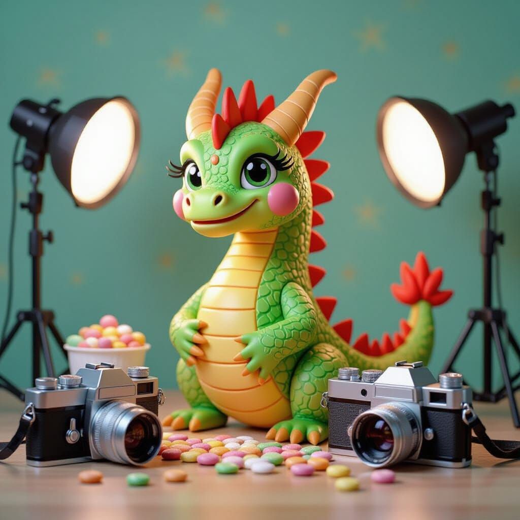 Candy Dragon Photography Studio Scene as Gouache Painting