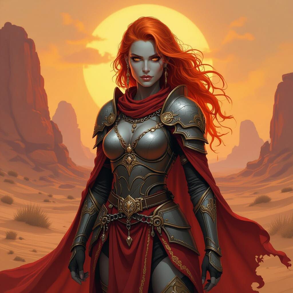 Female Fire Goliath Cleric in Fiery Desert Landscape