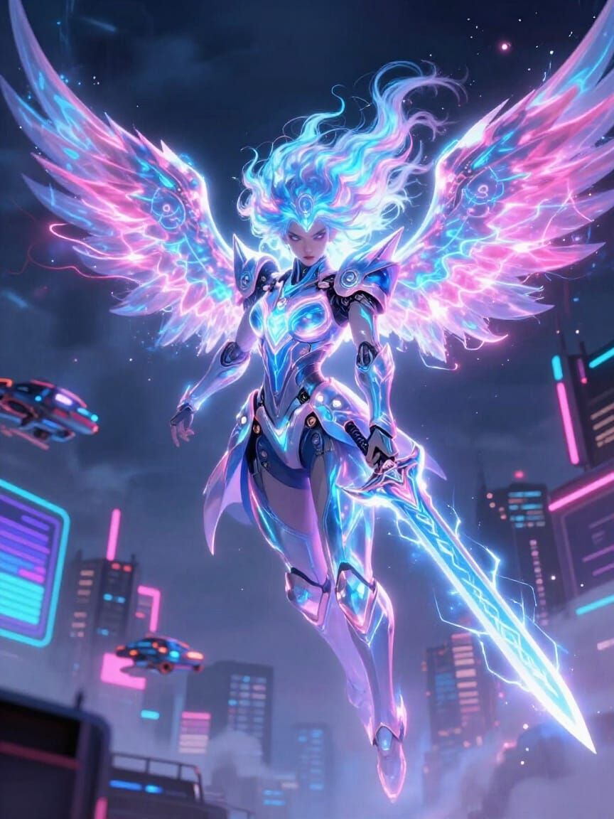 Neon Seraph Descends on Cyberpunk City