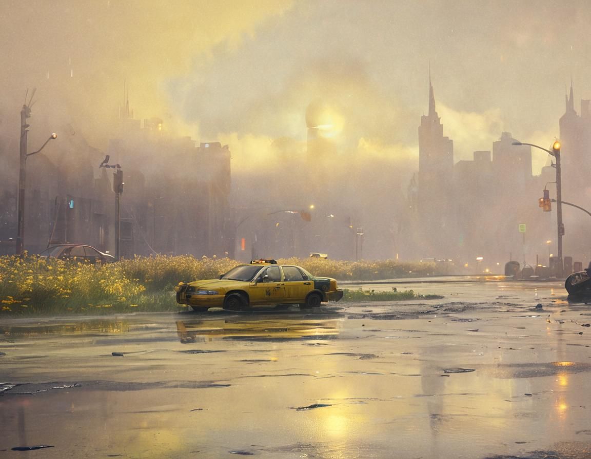 Cyberpunk Taxi on Foggy Street, Wet Reflections