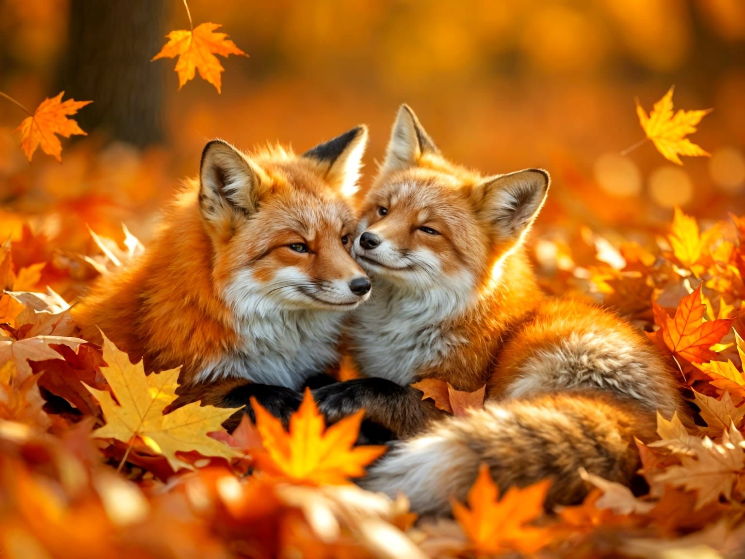 Two Foxes Play in Autumn Leaves, Wildlife Photography Style