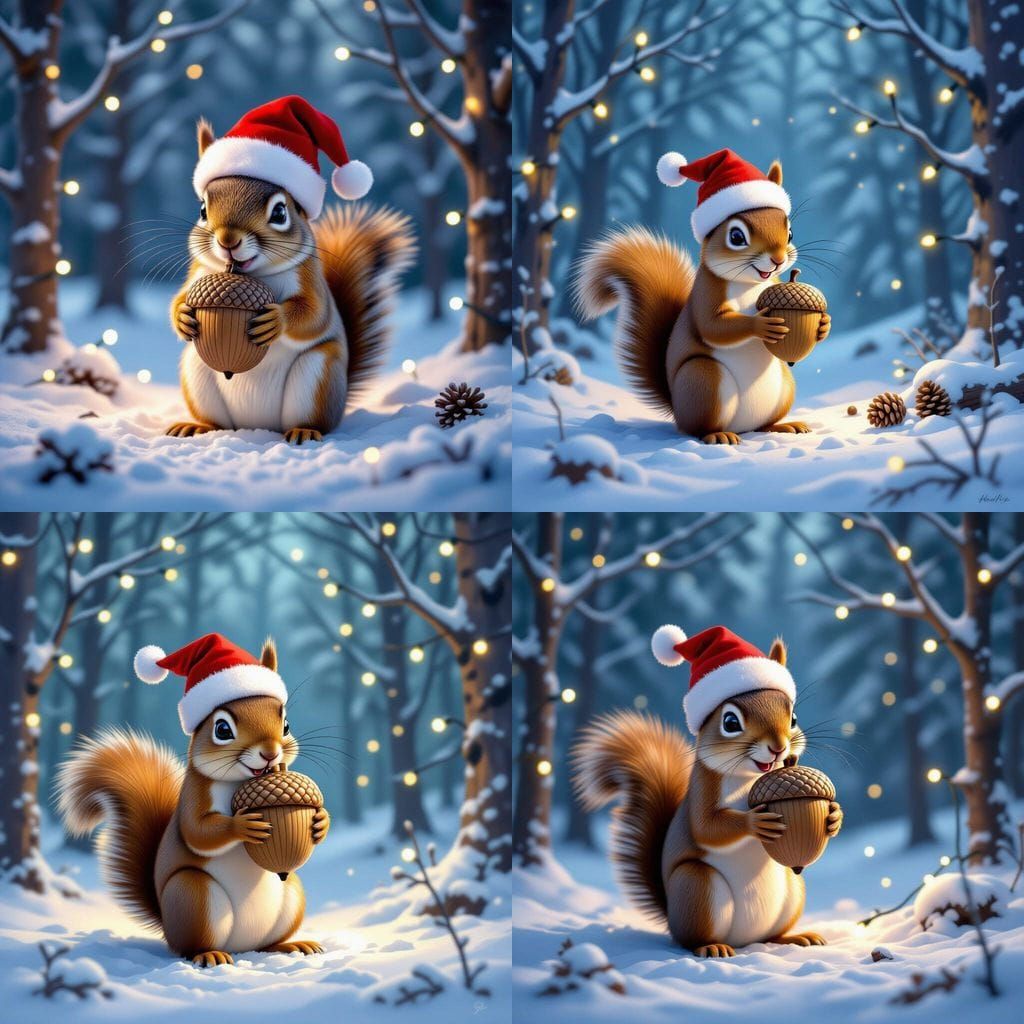 Festive Squirrel Hoards Giant Acorn in Fairy Light Forest