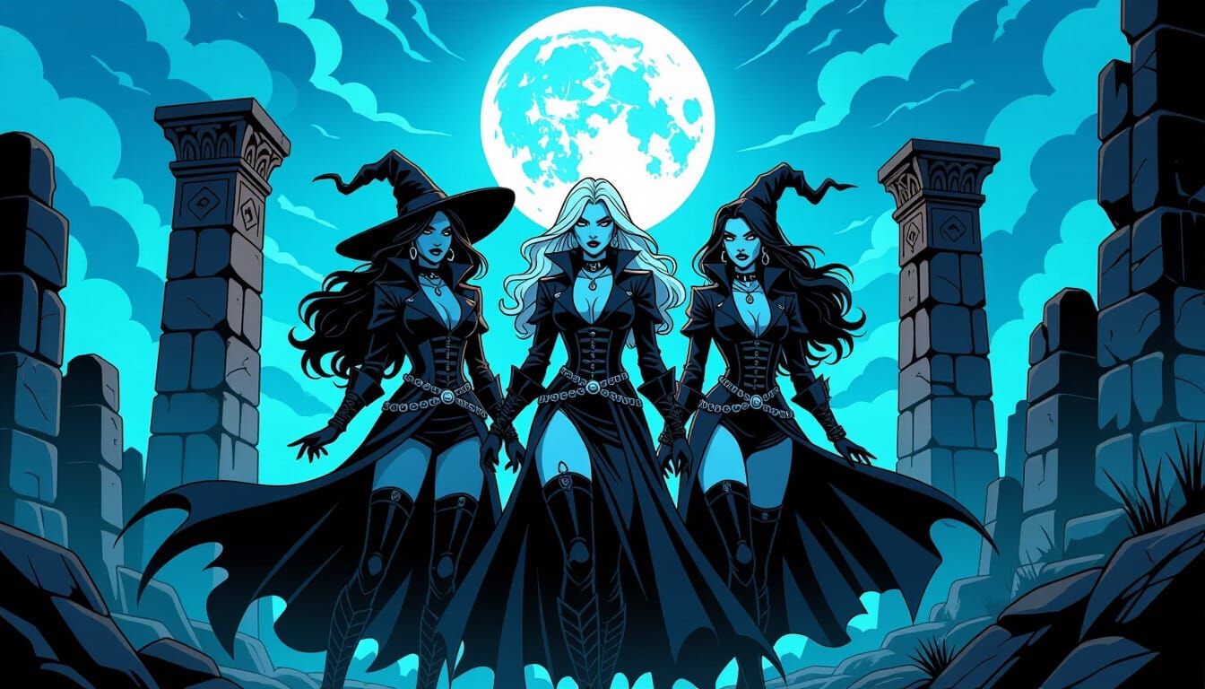 Gothic-Punk Witches in Ancient Ruins: Comic Book Style