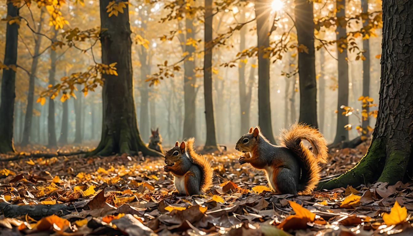 Squirrels in Colorful Autumn Forest Photography