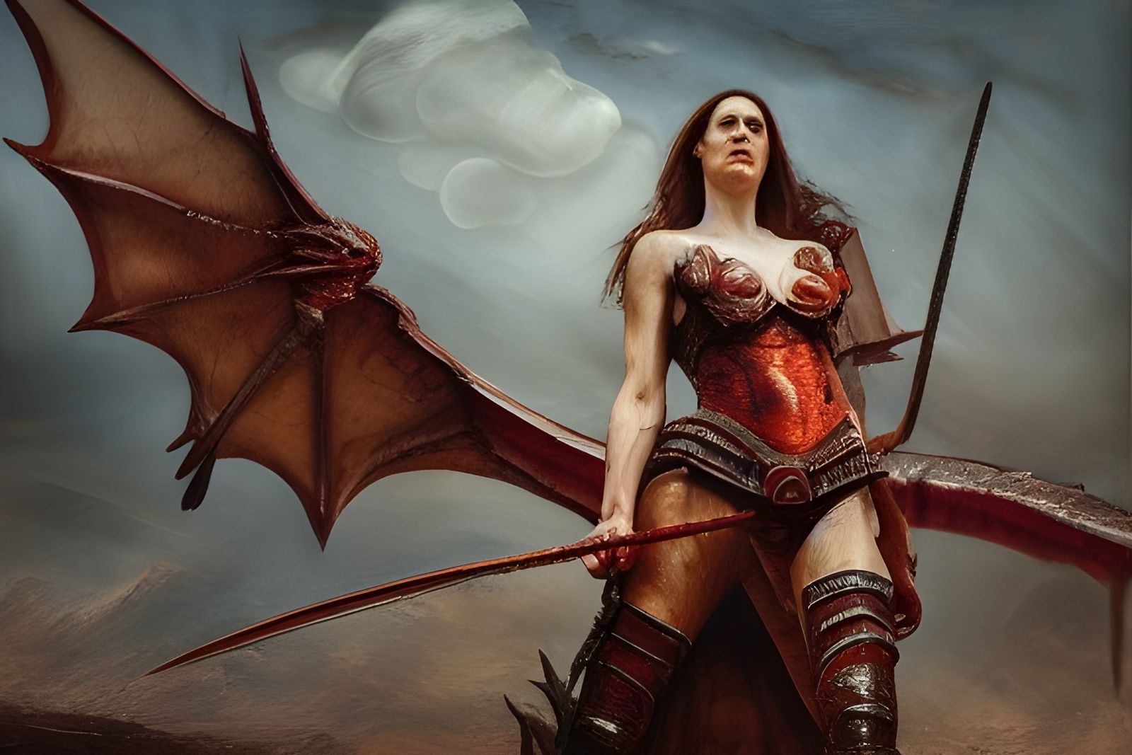 Warrior Woman's Dragon Battle: Mixed Media Oil Painting