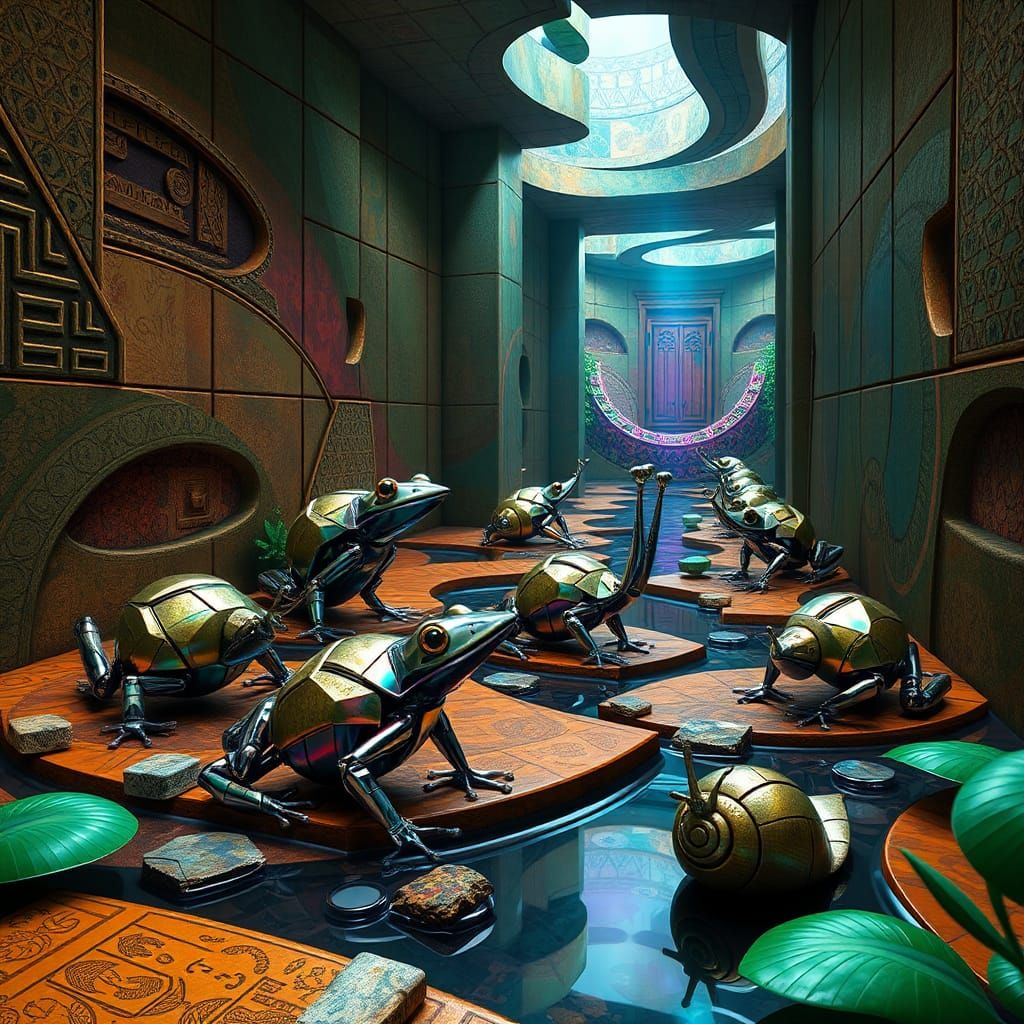 Robotic Frogs in Cubist Labyrinth, Digital Art