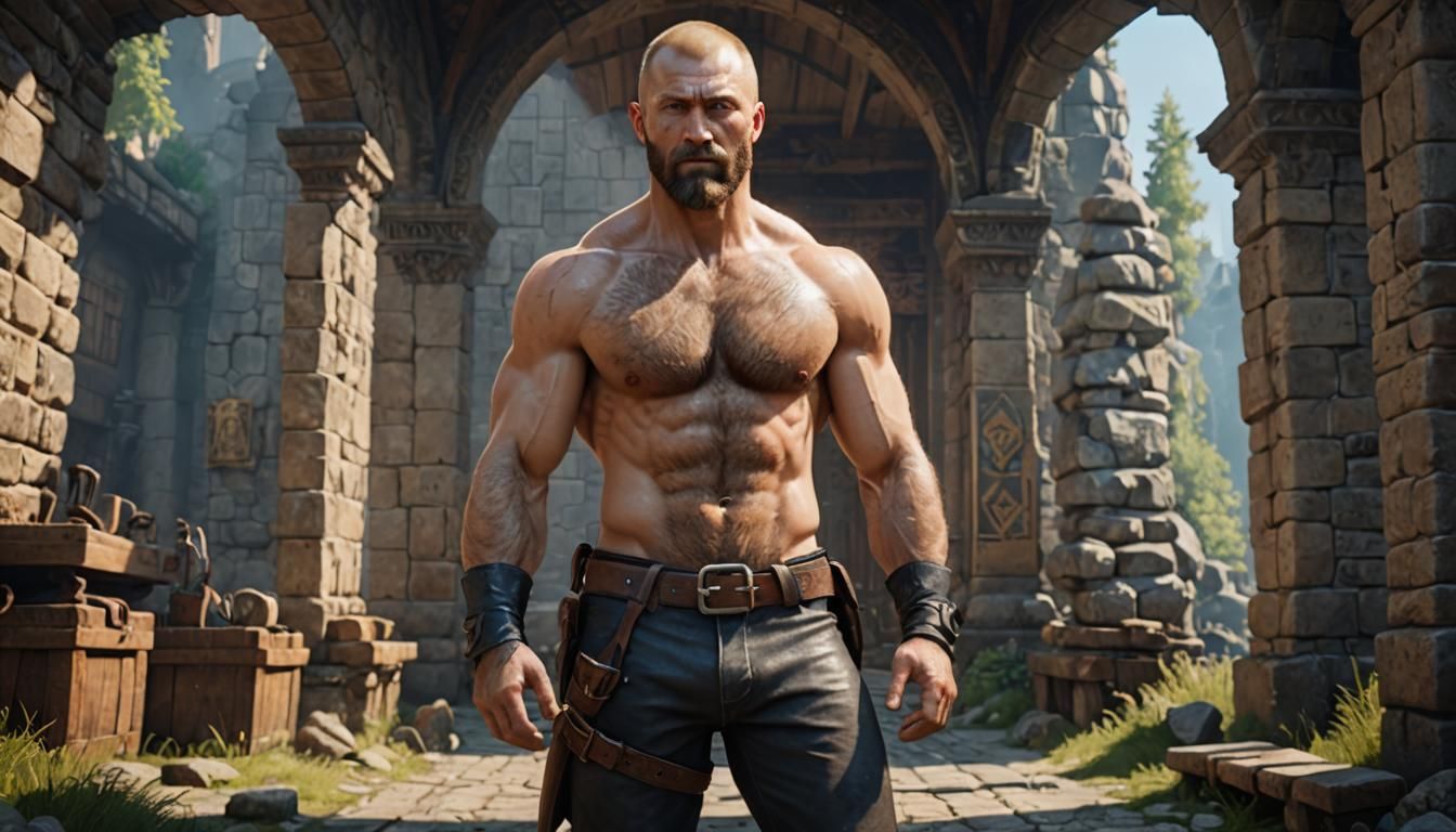 Muscular Balding Man with Leather Boots in 3D Style