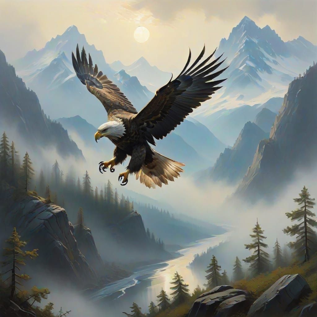 Majestic Eagle Soars Over Serene Landscape in Nature-Inspire...