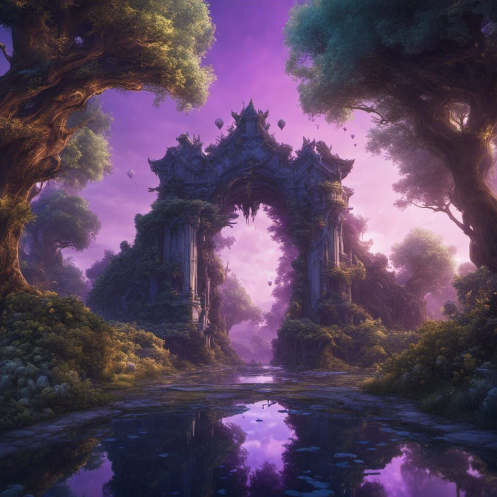 Fantasy Portal Clearing with Lush Trees: Detailed Matte Pain...