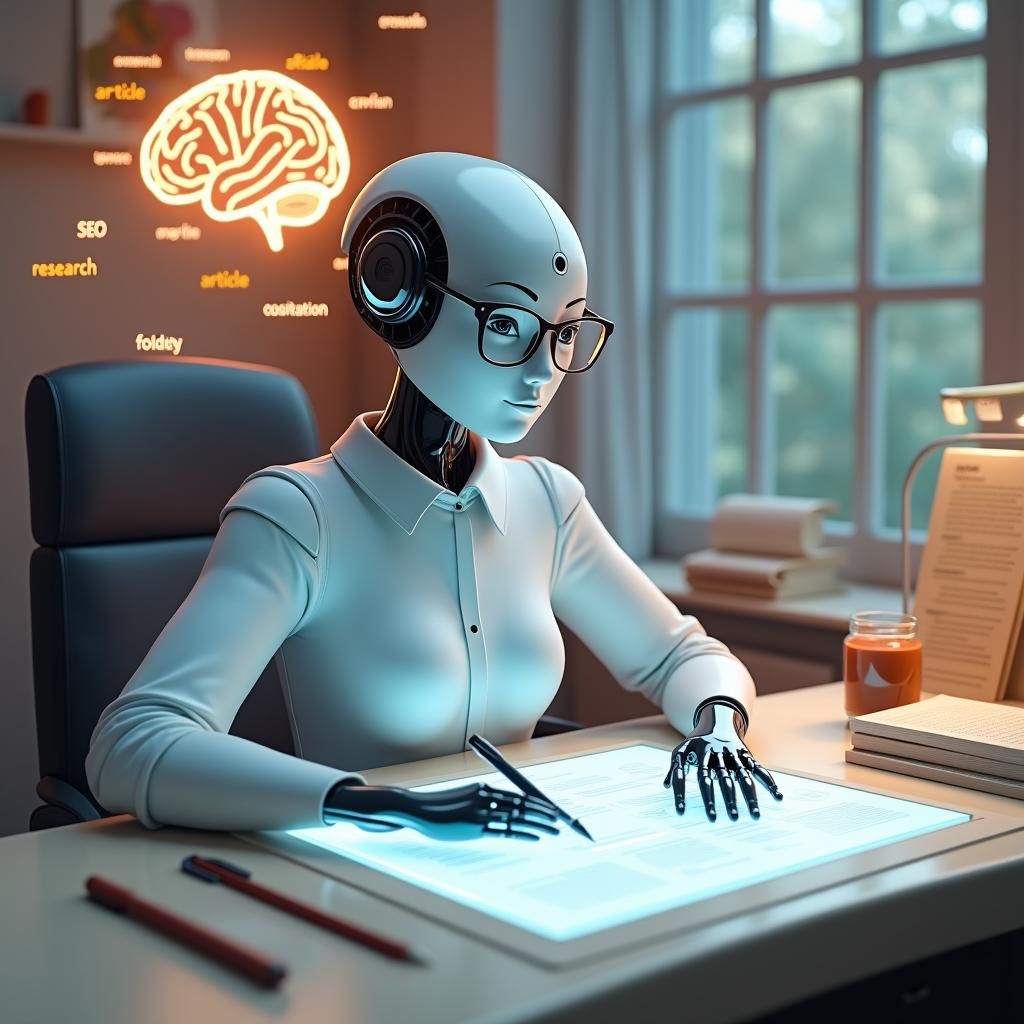 AI Copywriter at Work in Futuristic Office