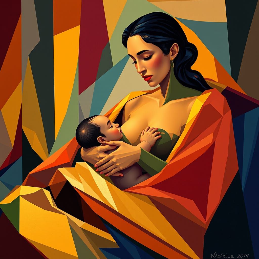 Mother and Child in Cubist Art Deco Room