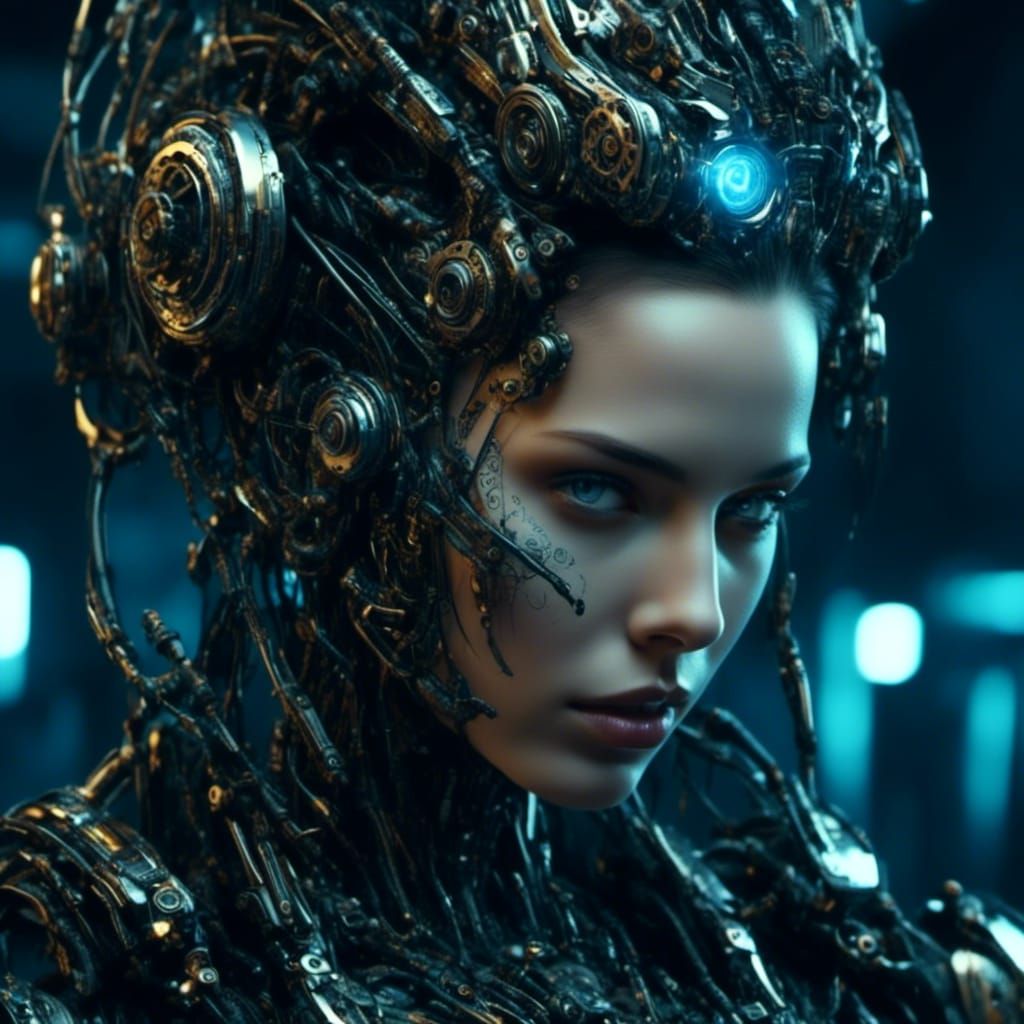 Cybernetic Woman with Glowing Eyes in Cyberpunk Style
