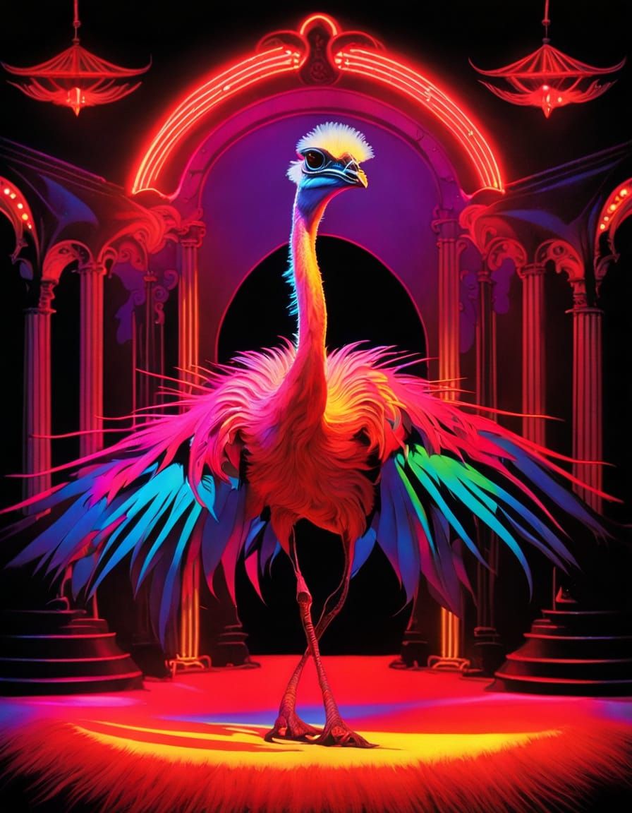 Whimsical Ostrich Dancer Under Blacklight Spotlight