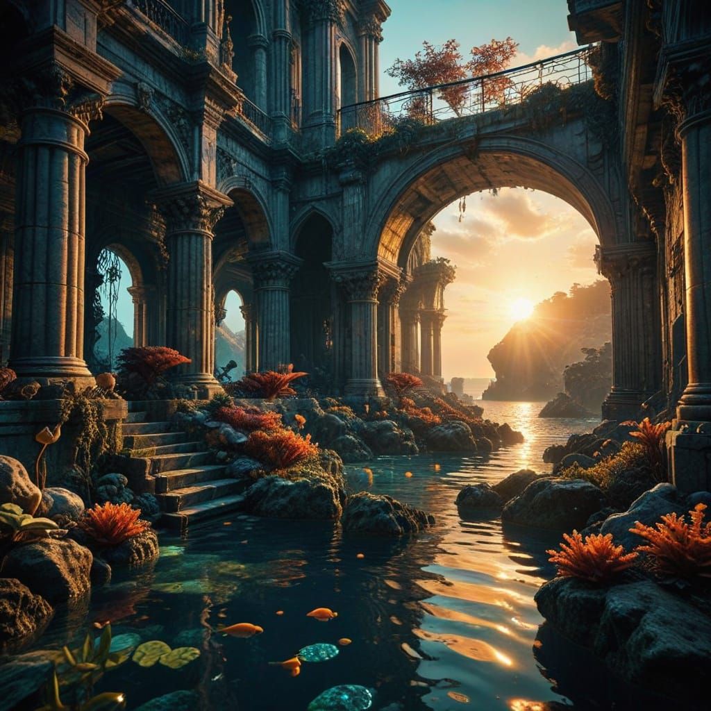 Majestic Sunken Marble City Ruins at Sunset