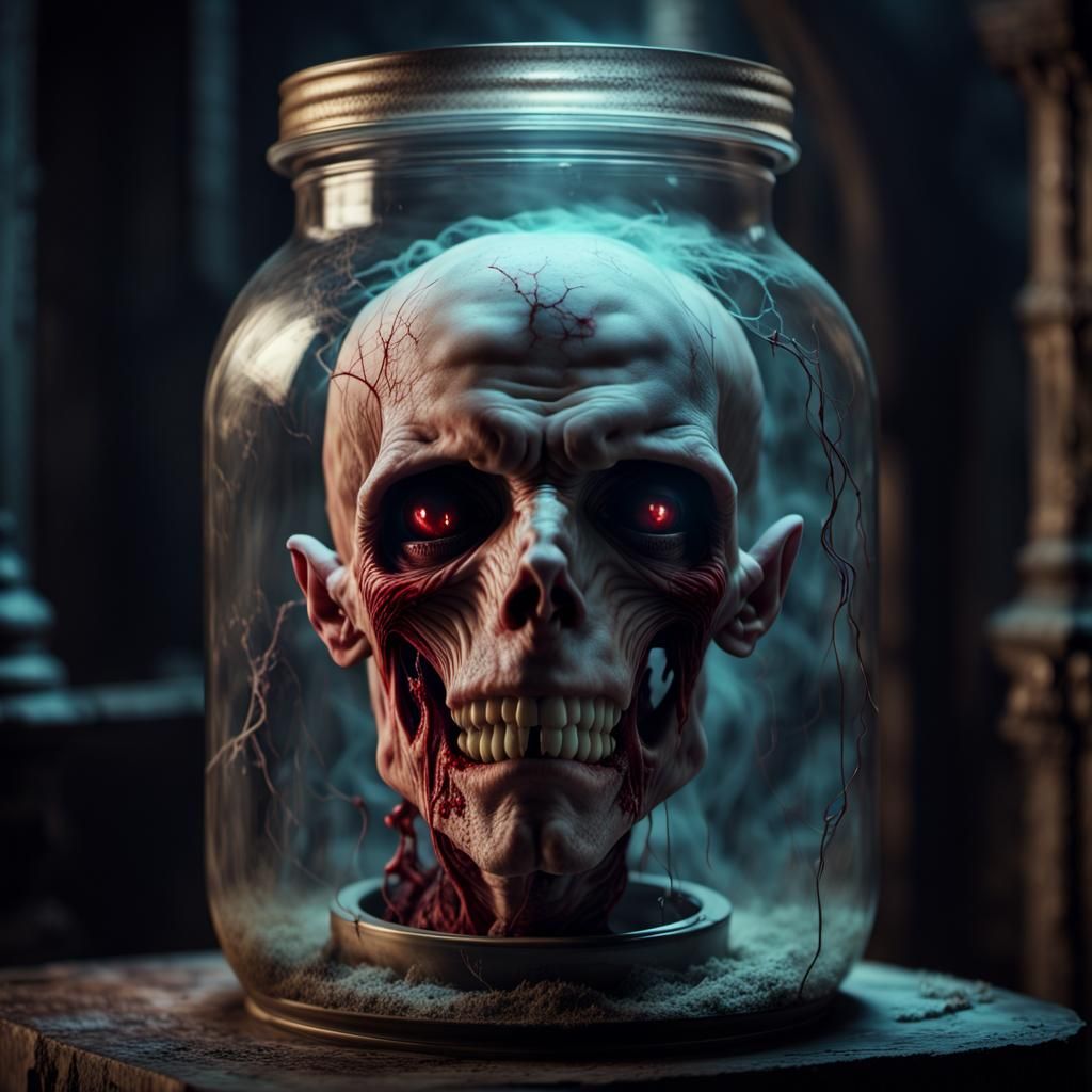 Vampire Head in Jar: Gothic Art Nouveau Horror