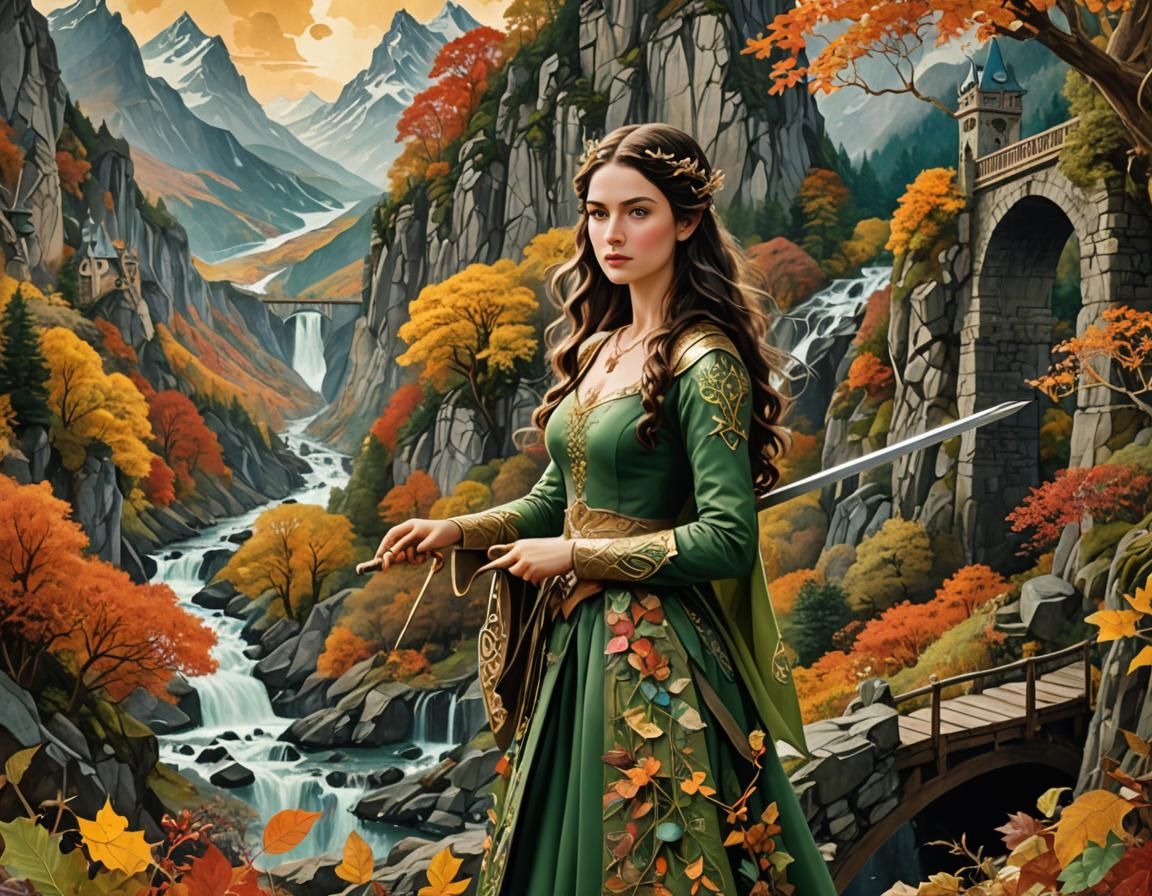 Elvish Woman in Fall Paper Cut Collage Art