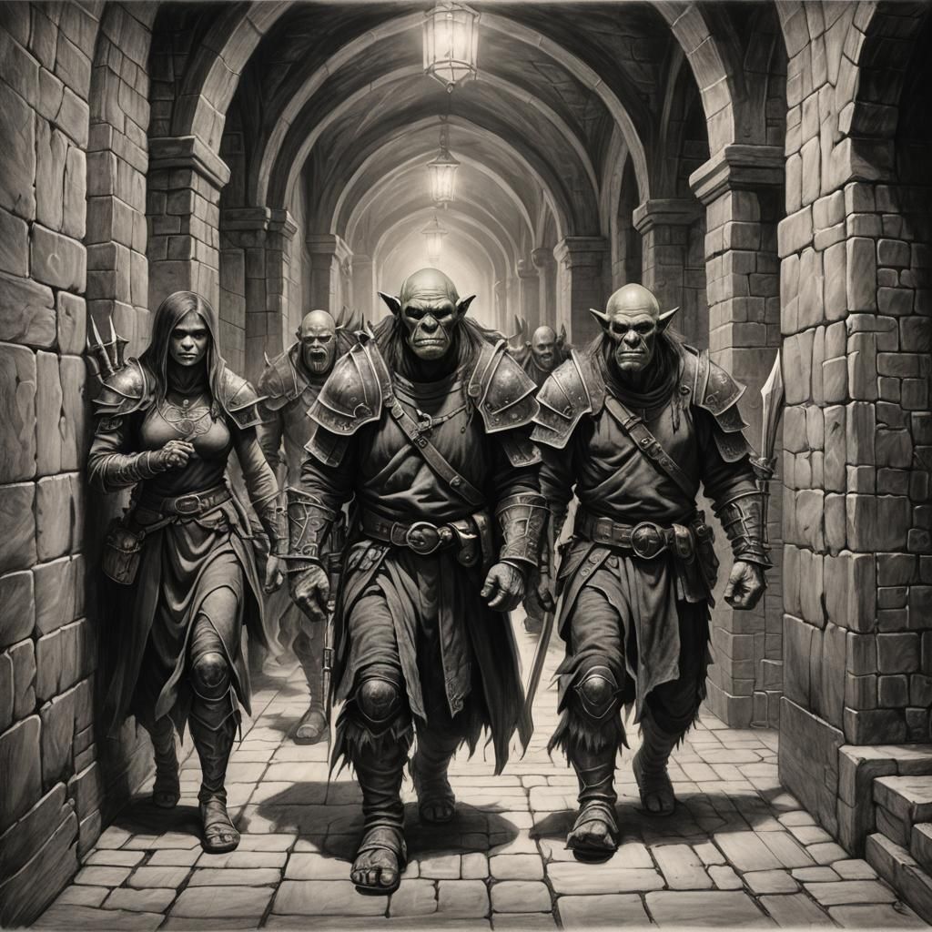 Orcs in Dungeon Hallway: Detailed Charcoal Drawing