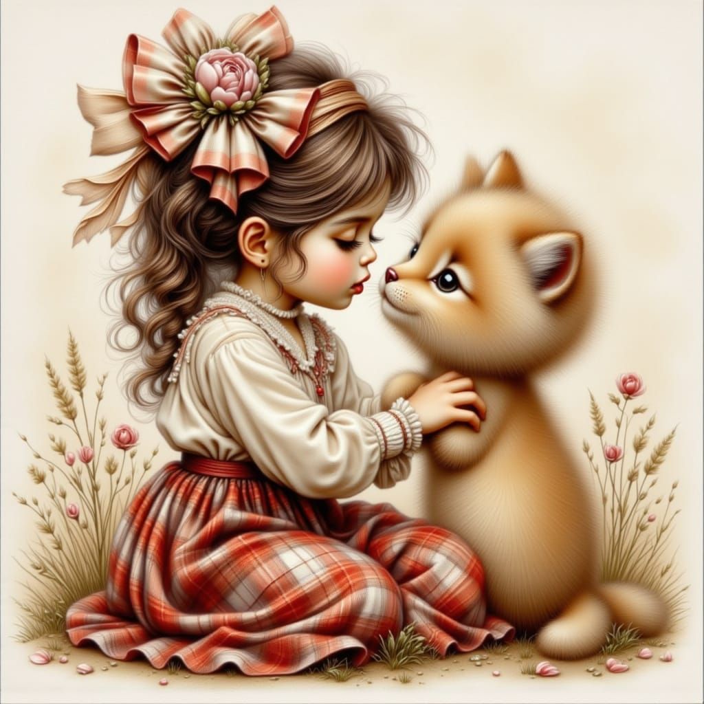 Whimsical Watercolor Girl and Kitten in Floral Delight