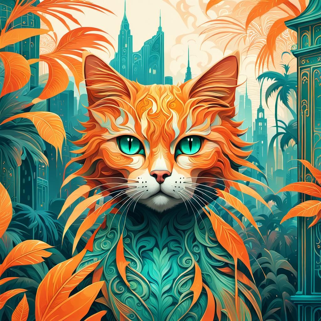 Surreal Palm Tree Cat in Art Nouveau City