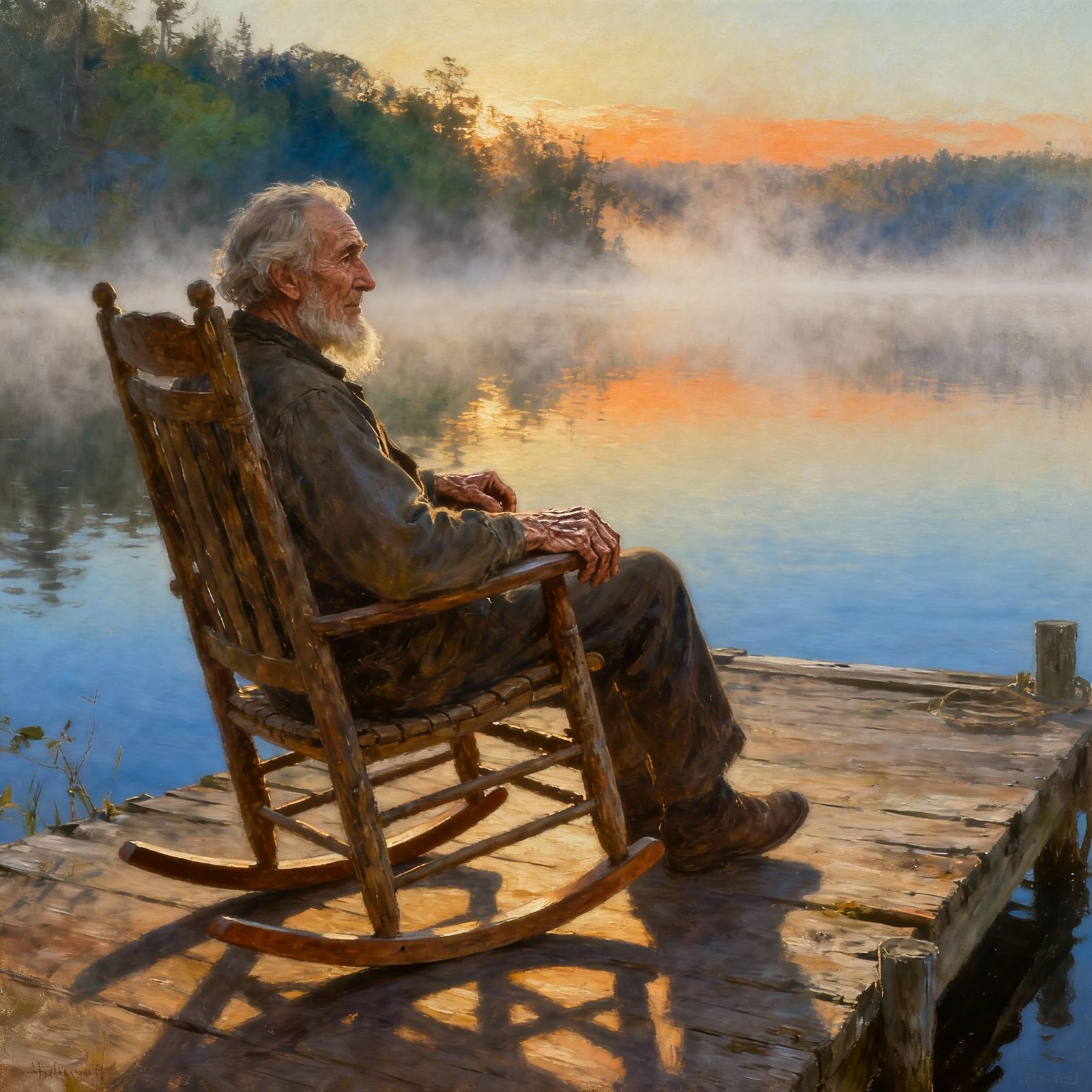 Wise Old Man on Dock in Early Morning Sun